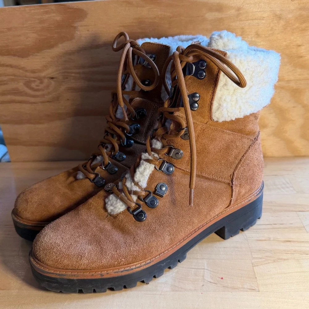 Marc Fisher 9 Suede leather faux shearling lace up stack heel winter boots moto